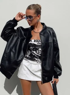 Princess Polly Goldsmith Faux Leather Bomber Jacket  Black Sale