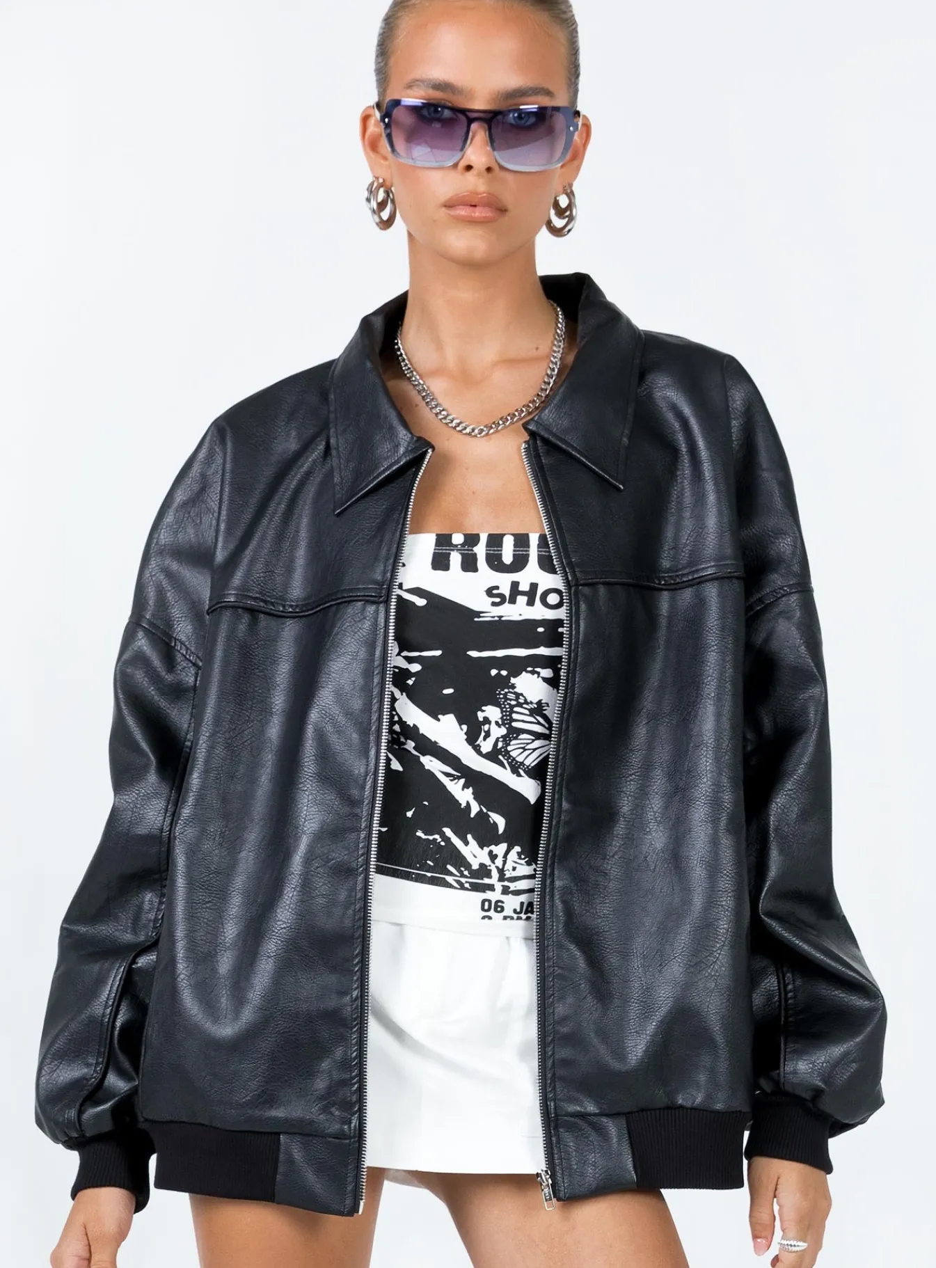 Princess Polly Goldsmith Faux Leather Bomber Jacket Black Sale