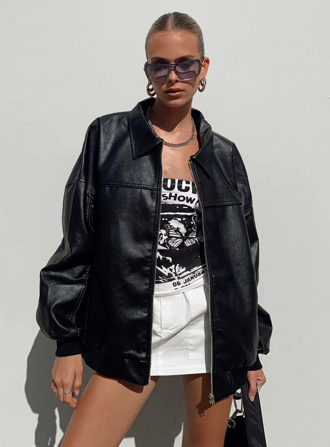 Princess Polly Goldsmith Faux Leather Bomber Jacket Black Sale