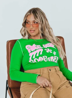 Princess Polly Good Vibes Long Sleeve Top  Green Hot