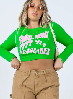 Princess Polly Good Vibes Long Sleeve Top  Green Hot