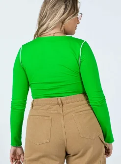 Princess Polly Good Vibes Long Sleeve Top  Green Hot
