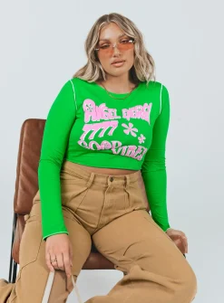 Princess Polly Good Vibes Long Sleeve Top  Green Hot