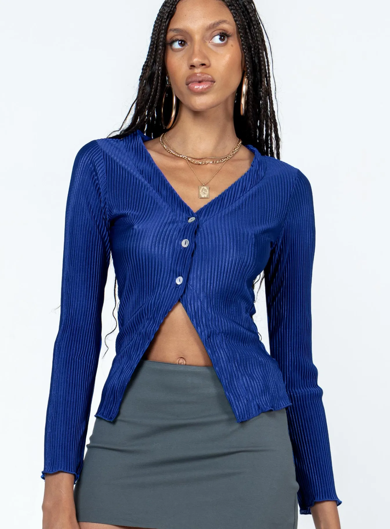 Princess Polly Gowan Long Sleeve Plisse Top Blue Clearance