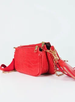 Princess Polly Harvey Croc Multi Pocket Bag  Red New