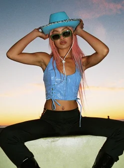 Princess Polly High Vibrations Pu Top  Blue Cheap