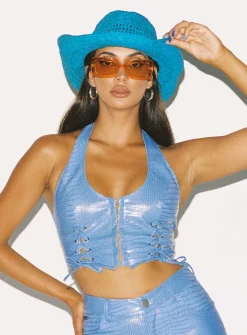 Princess Polly High Vibrations Pu Top Blue Cheap