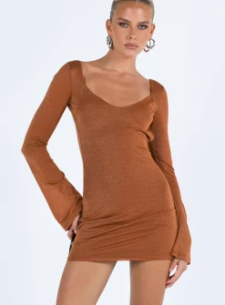 Princess Polly Hilldale Long Sleeve Mini Dress  Rust Discount