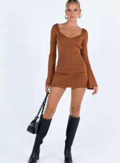 Princess Polly Hilldale Long Sleeve Mini Dress  Rust Discount