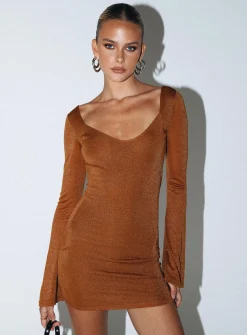 Princess Polly Hilldale Long Sleeve Mini Dress  Rust Discount