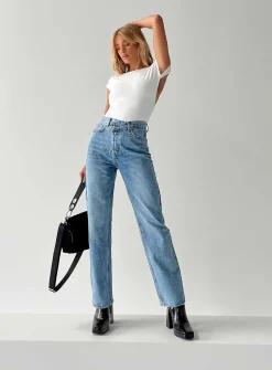 Princess Polly Holly Asymmetric Straight Leg Jean Light Washlower Impact Denim Fashion