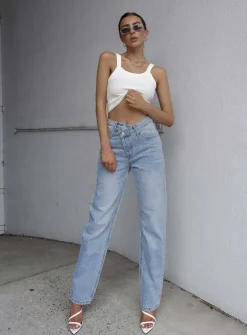 Princess Polly Holly Asymmetric Straight Leg Jean Light Washlower Impact Denim Fashion