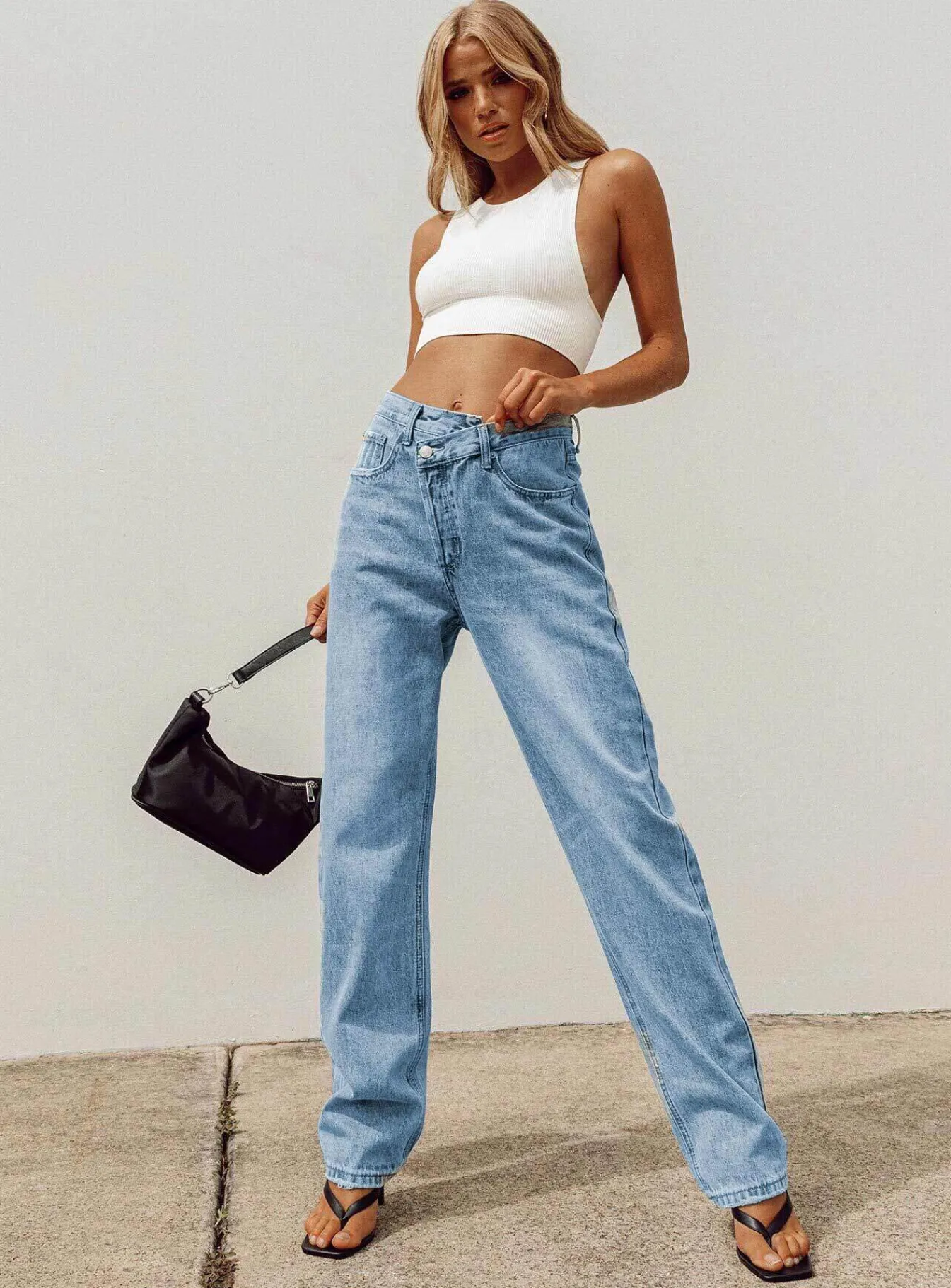 Princess Polly Holly Asymmetric Straight Leg Jean Light Washlower Impact Denim Fashion