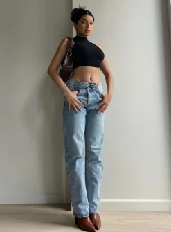 Princess Polly Holly Asymmetric Straight Leg Jean Light Washlower Impact Denim Fashion