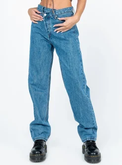 Princess Polly Holly Asymmetric Straight Leg Jean Mid Wash  Denim Clearance
