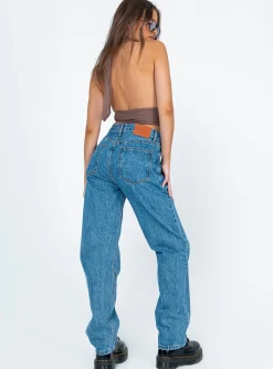 Princess Polly Holly Asymmetric Straight Leg Jean Mid Wash  Denim Clearance