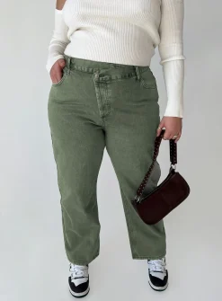 Princess Polly Holly Asymmetric Straight Leg Jeandenim Curve   Green Hot