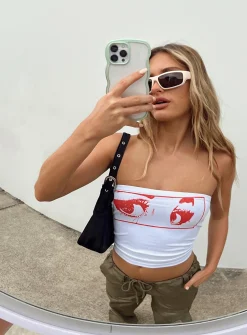 Princess Polly Horror Eyes Tube Top  White / Red Clearance
