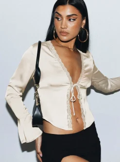 Princess Polly Hunton Long Sleeve Top  Cream Flash Sale