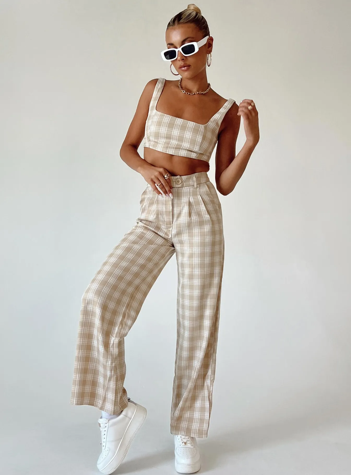 Princess Polly Huxley Set Beige Check Discount