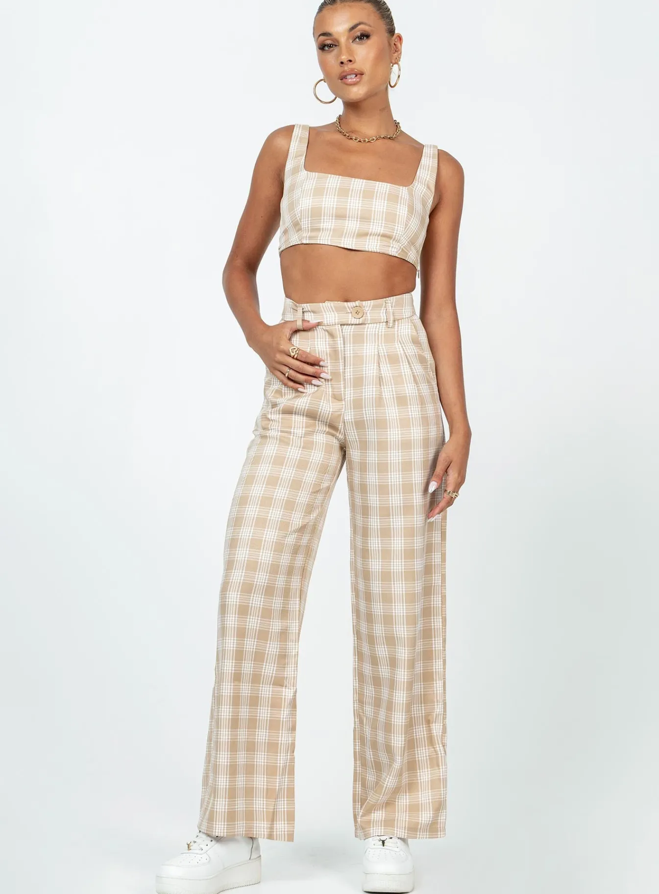 Princess Polly Huxley Set Beige Check Discount