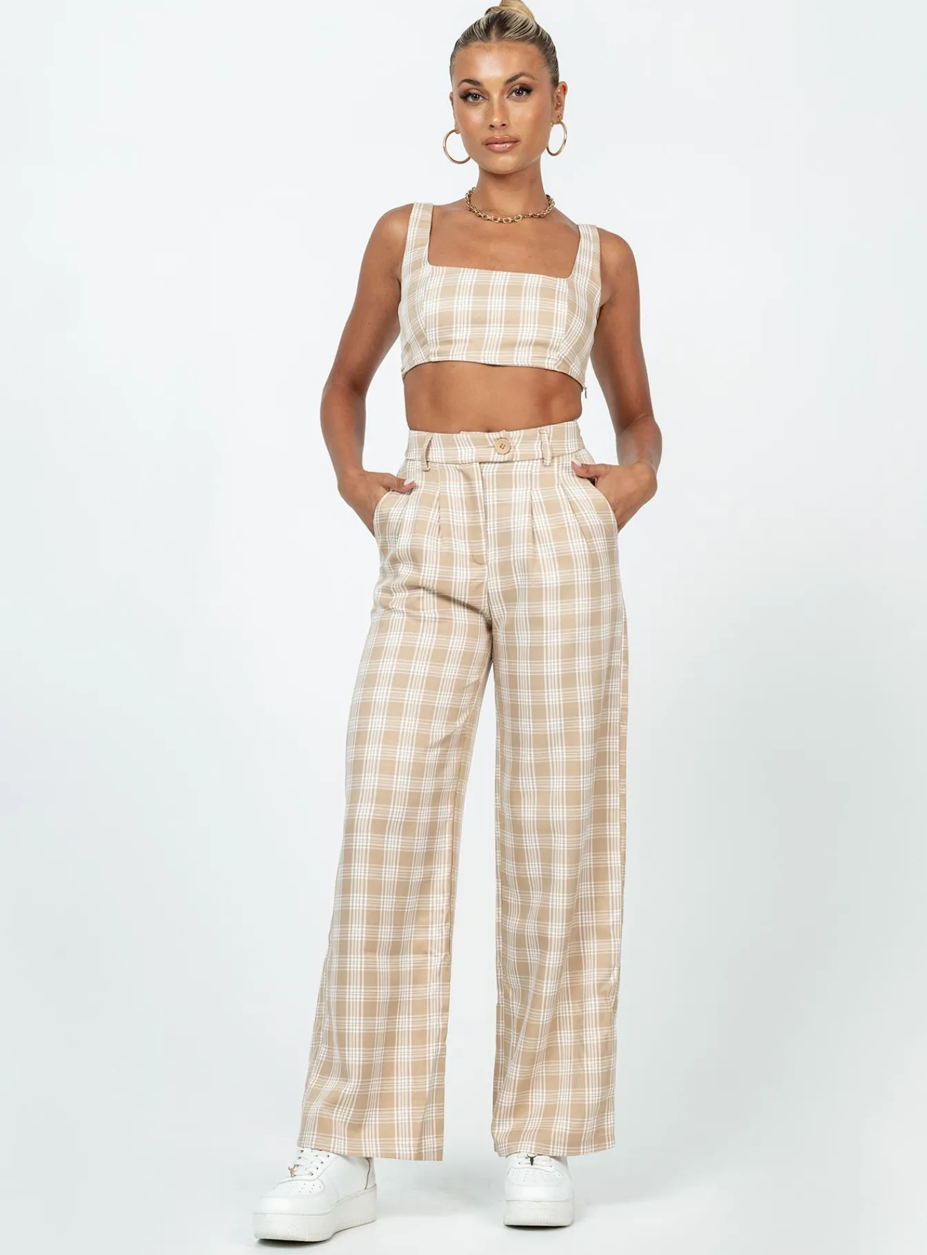Princess Polly Huxley Set Beige Check Discount