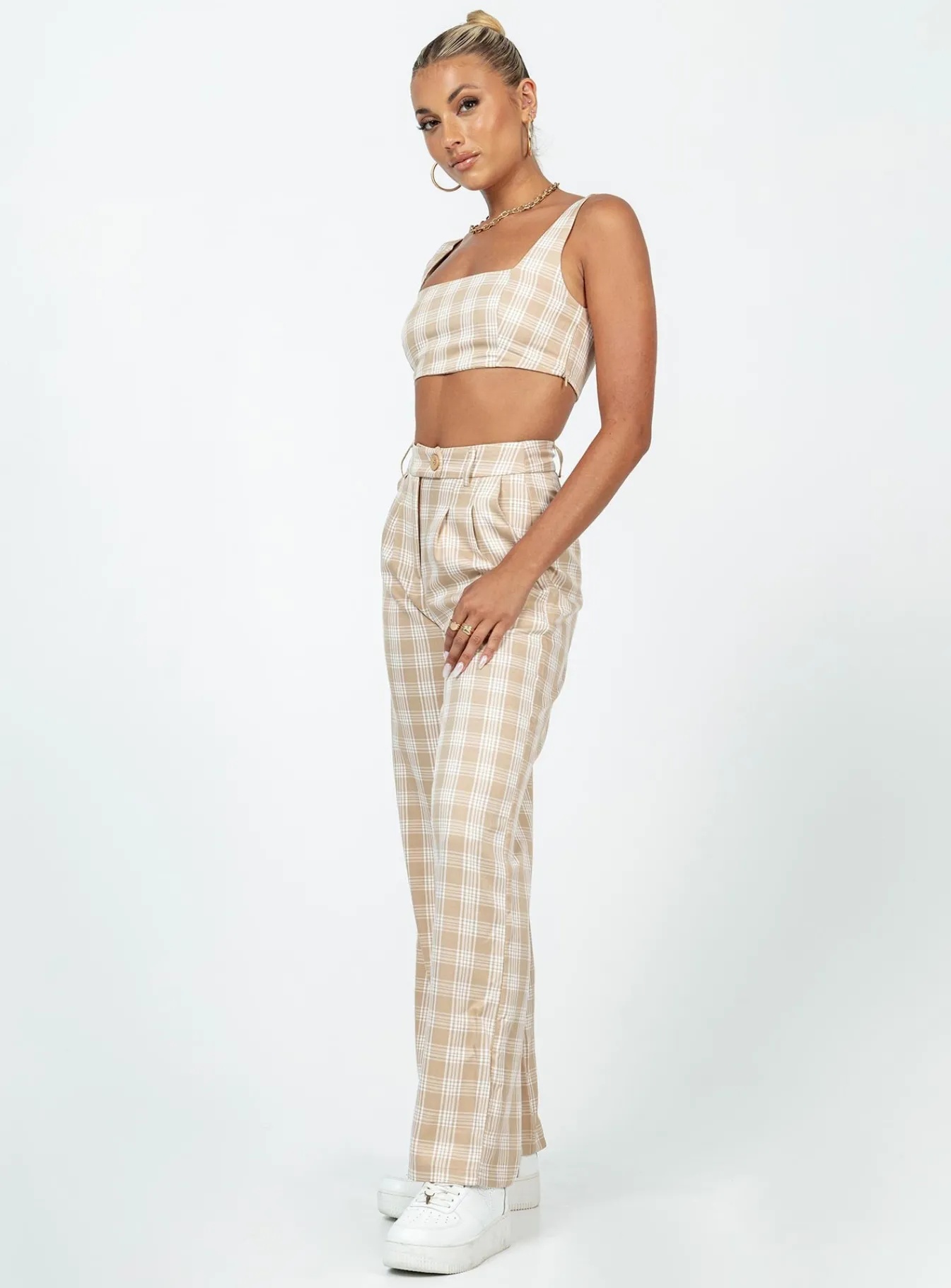 Princess Polly Huxley Set Beige Check Discount