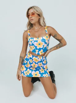 Princess Polly Ilina Mid Rise Mini Skirt Floral  Blue Cheap