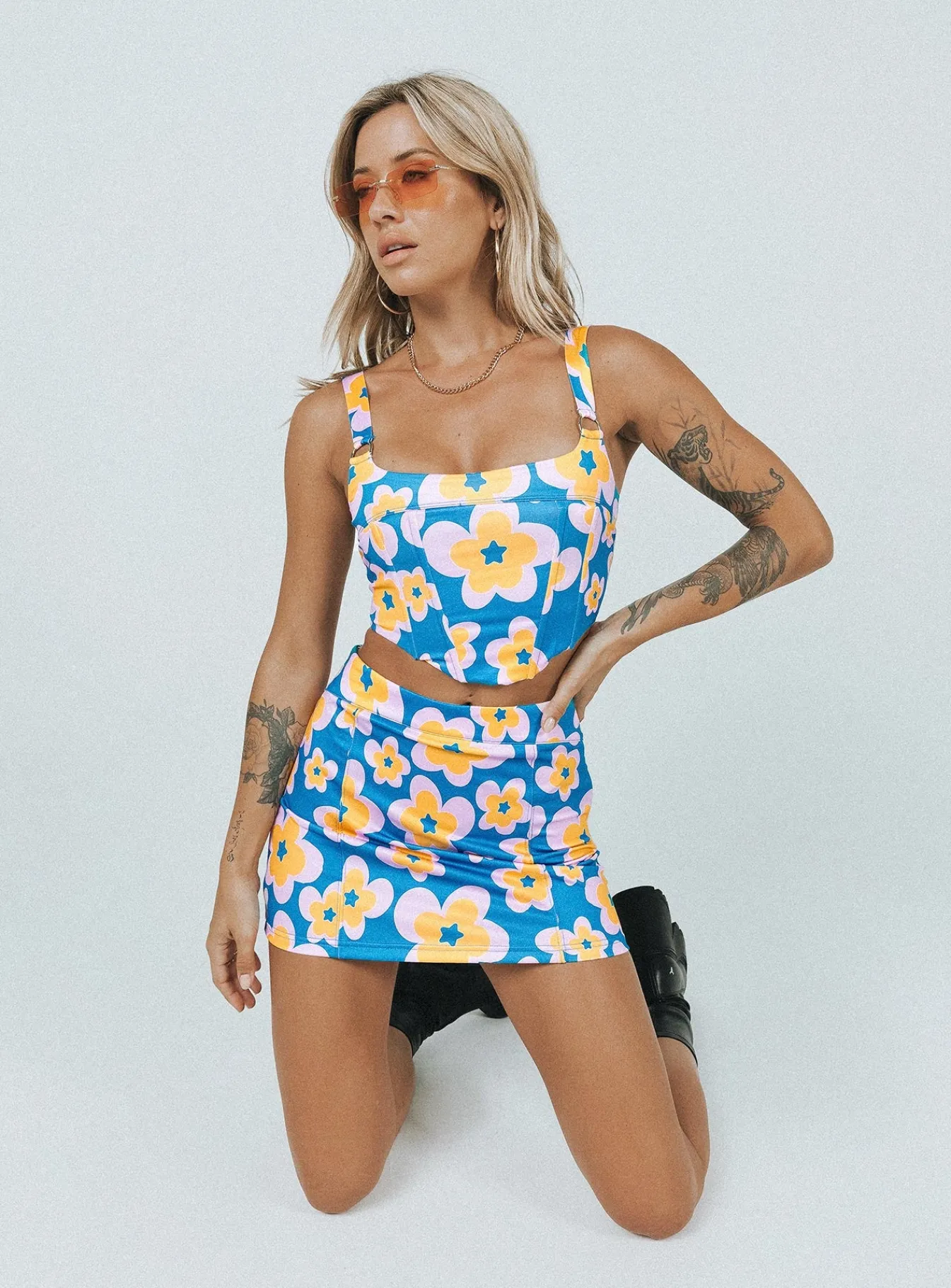 Princess Polly Ilina Mid Rise Mini Skirt Floral Blue Cheap
