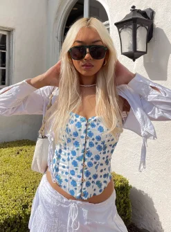 Princess Polly In The Moment Strapless Top  White / Blue Store