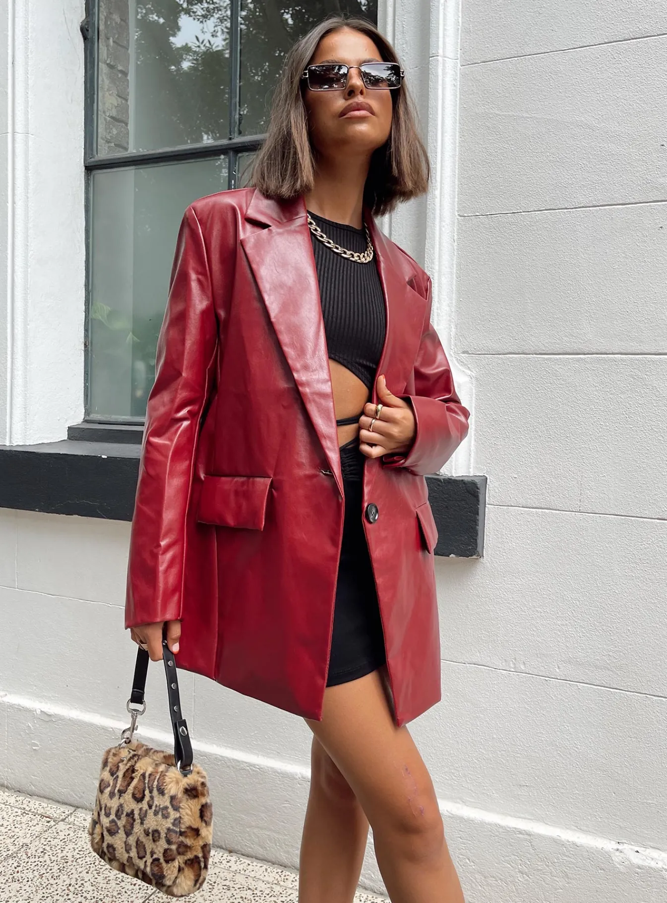 Princess Polly Jocelyn Faux Leather Blazer Burgundy Discount