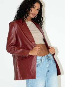 Princess Polly Jocelyn Faux Leather Blazer Burgundy Discount