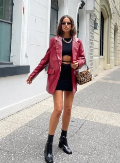 Princess Polly Jocelyn Faux Leather Blazer Burgundy Discount