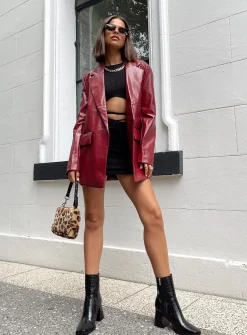 Princess Polly Jocelyn Faux Leather Blazer Burgundy Discount