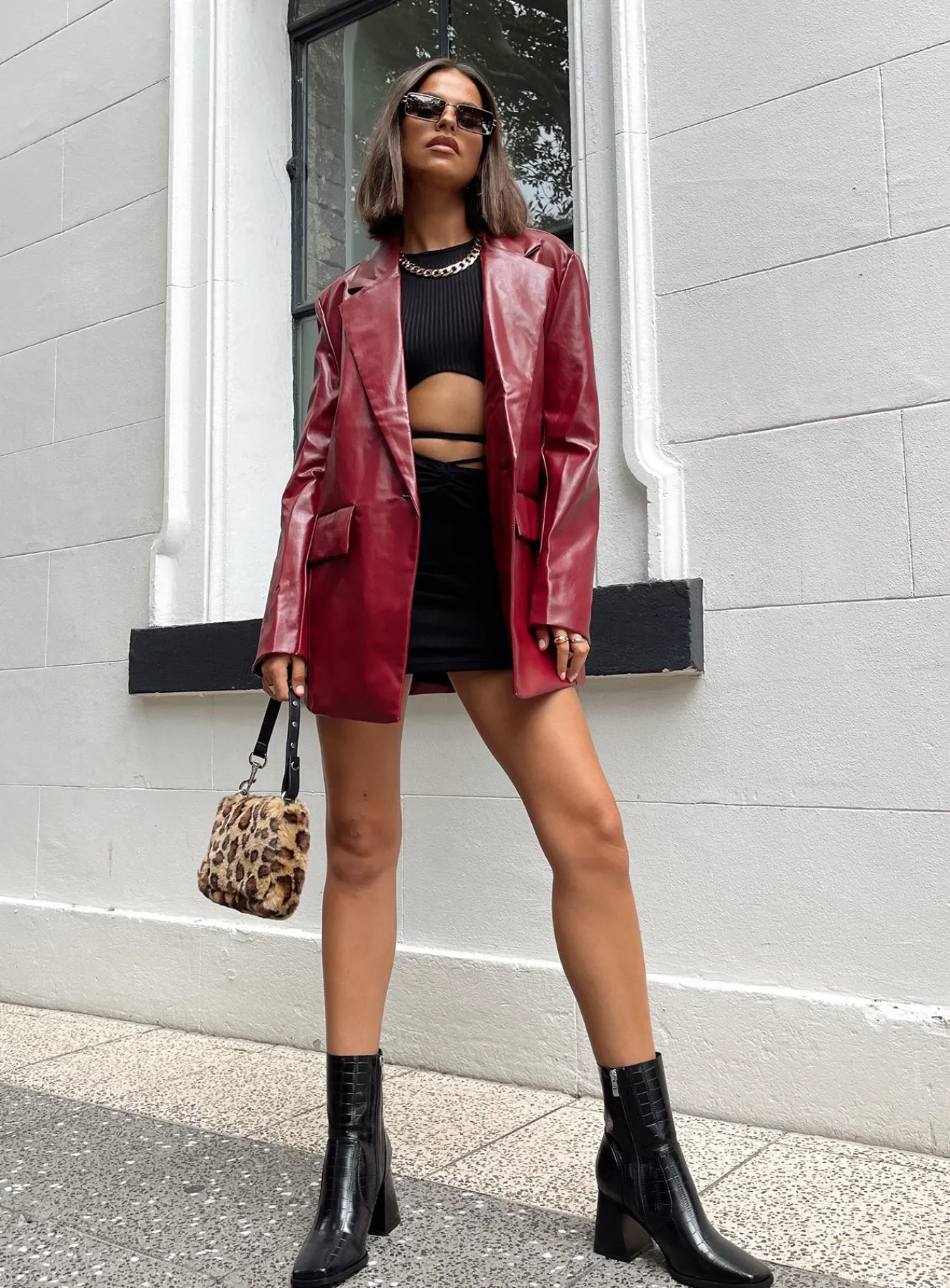 Princess Polly Jocelyn Faux Leather Blazer Burgundy Discount