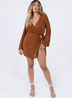 Princess Polly Karley Wrap Mini Dress Brown New