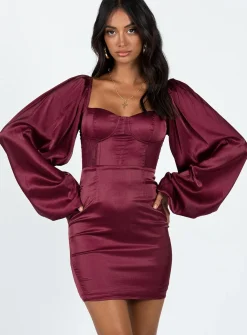 Princess Polly Karuah Long Sleeve Mini Dress  Burgundy Hot