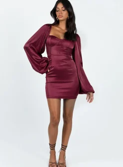 Princess Polly Karuah Long Sleeve Mini Dress  Burgundy Hot