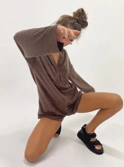 Princess Polly Kegan Long Sleeve Romper Camel   Brown Fashion