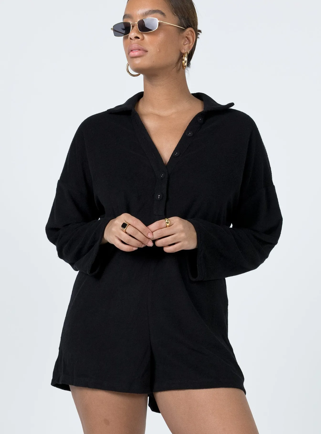 Princess Polly Kegan Long Sleeve Terry Romper Black Shop