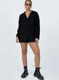 Princess Polly Kegan Long Sleeve Terry Romper  Black Shop