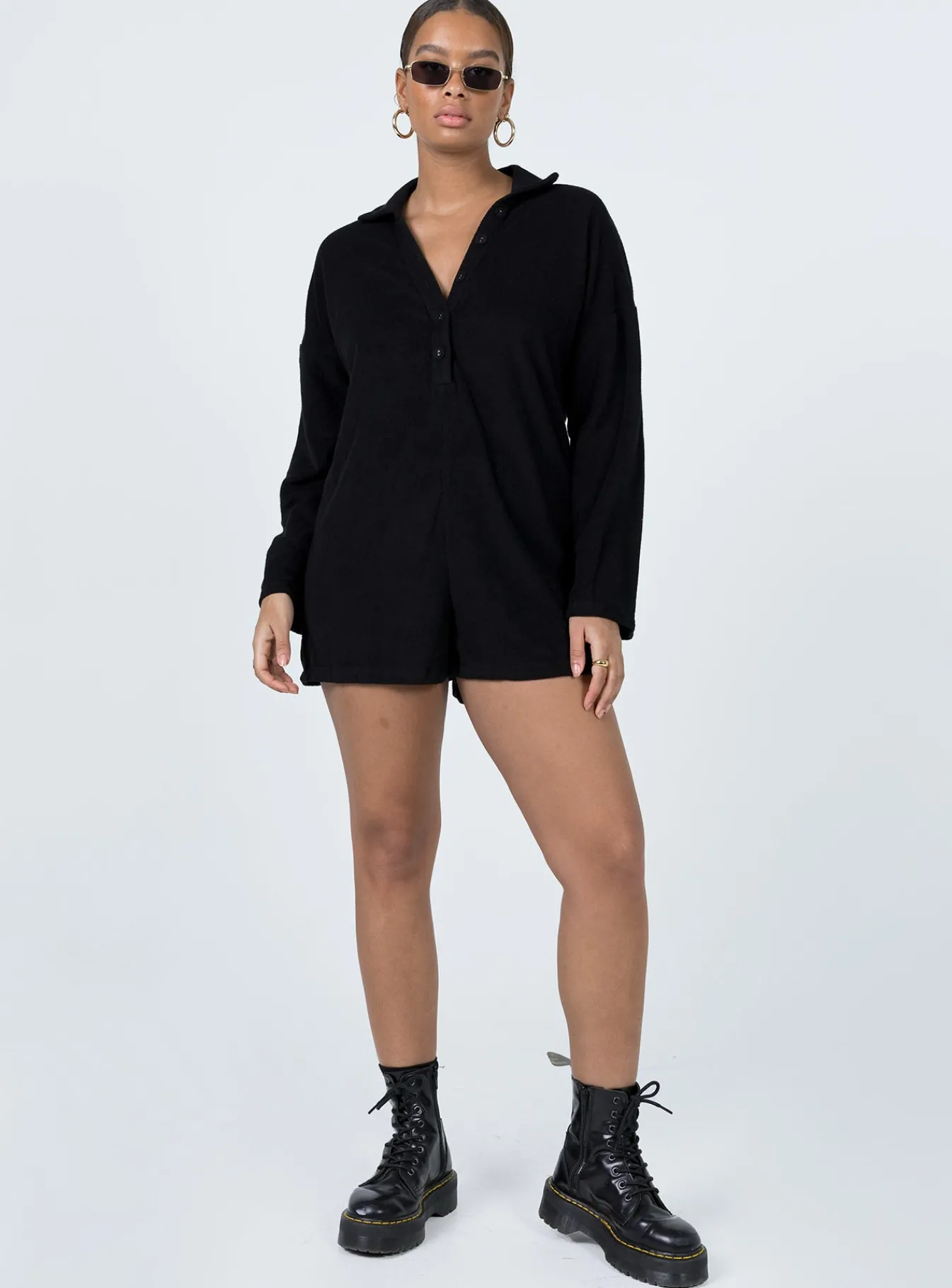 Princess Polly Kegan Long Sleeve Terry Romper Black Shop