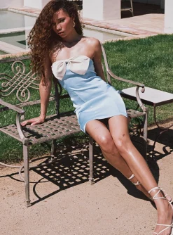 Princess Polly Kesy Bow Tie Mini Dress Blue / Champagne Blue/ Champagne Fashion