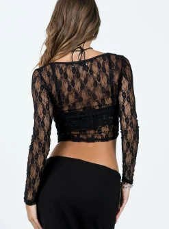 Princess Polly Komas Lace Long Sleeve Top  Black Discount