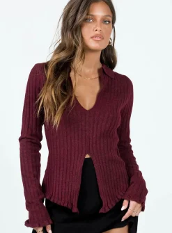 Princess Polly Lahey Long Sleeve Polo Knit Top Maroon Outlet