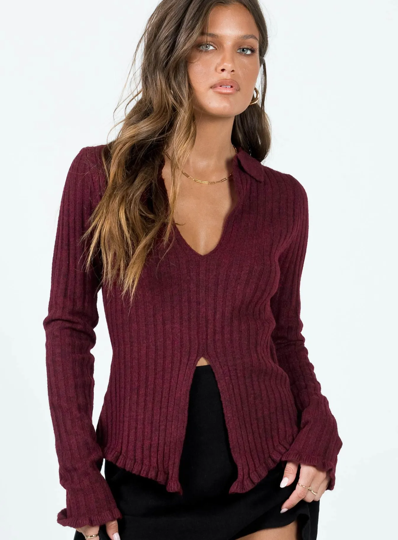 Princess Polly Lahey Long Sleeve Polo Knit Top Maroon Outlet