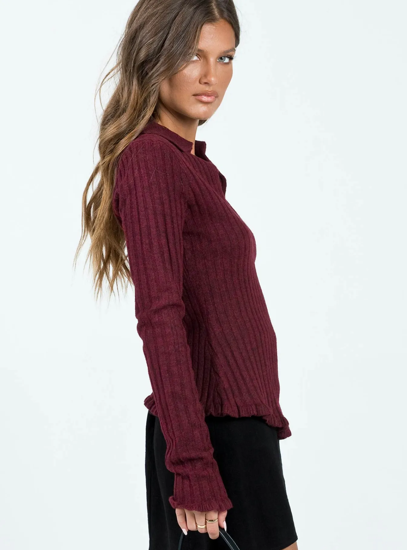 Princess Polly Lahey Long Sleeve Polo Knit Top Maroon Outlet