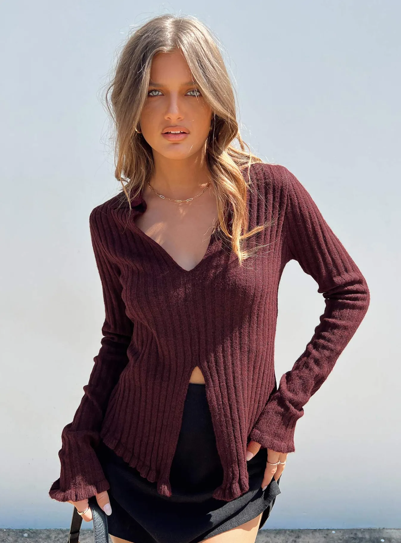 Princess Polly Lahey Long Sleeve Polo Knit Top Maroon Outlet