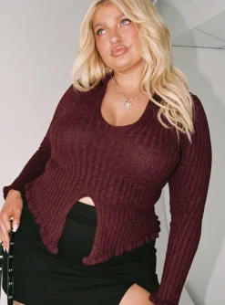 Princess Polly Lahey Long Sleeve Polo Knit Maroon Curve   Burgundy Online