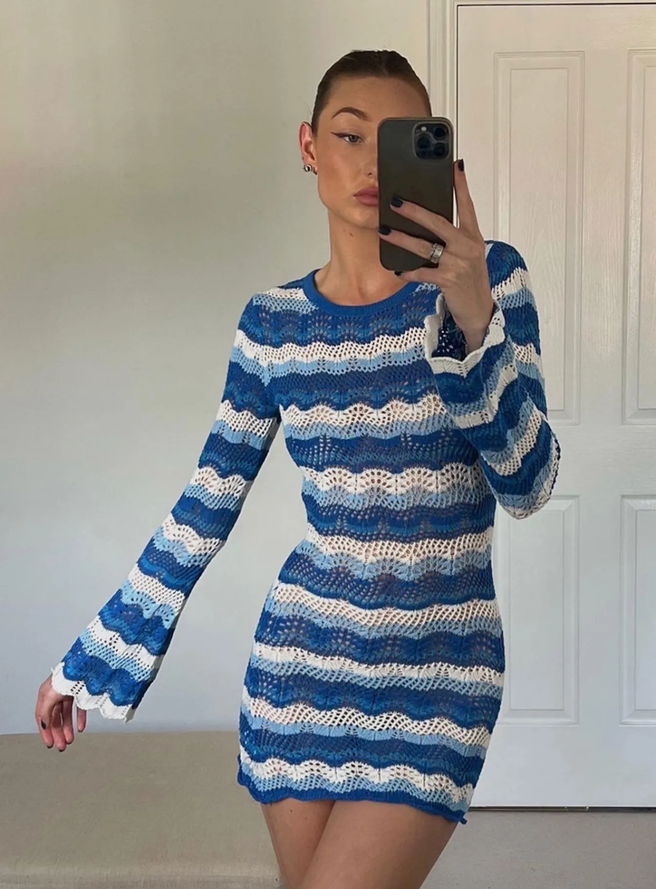 Princess Polly Leah Knit Mini Dress/ White Blue Best